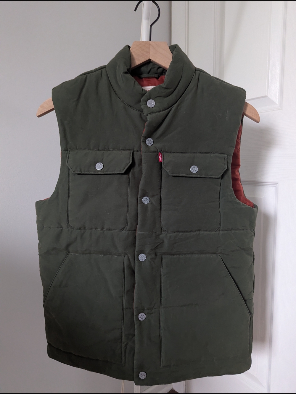 Levi's Olive Green Quilted Puffer Vest with Rust Lining
